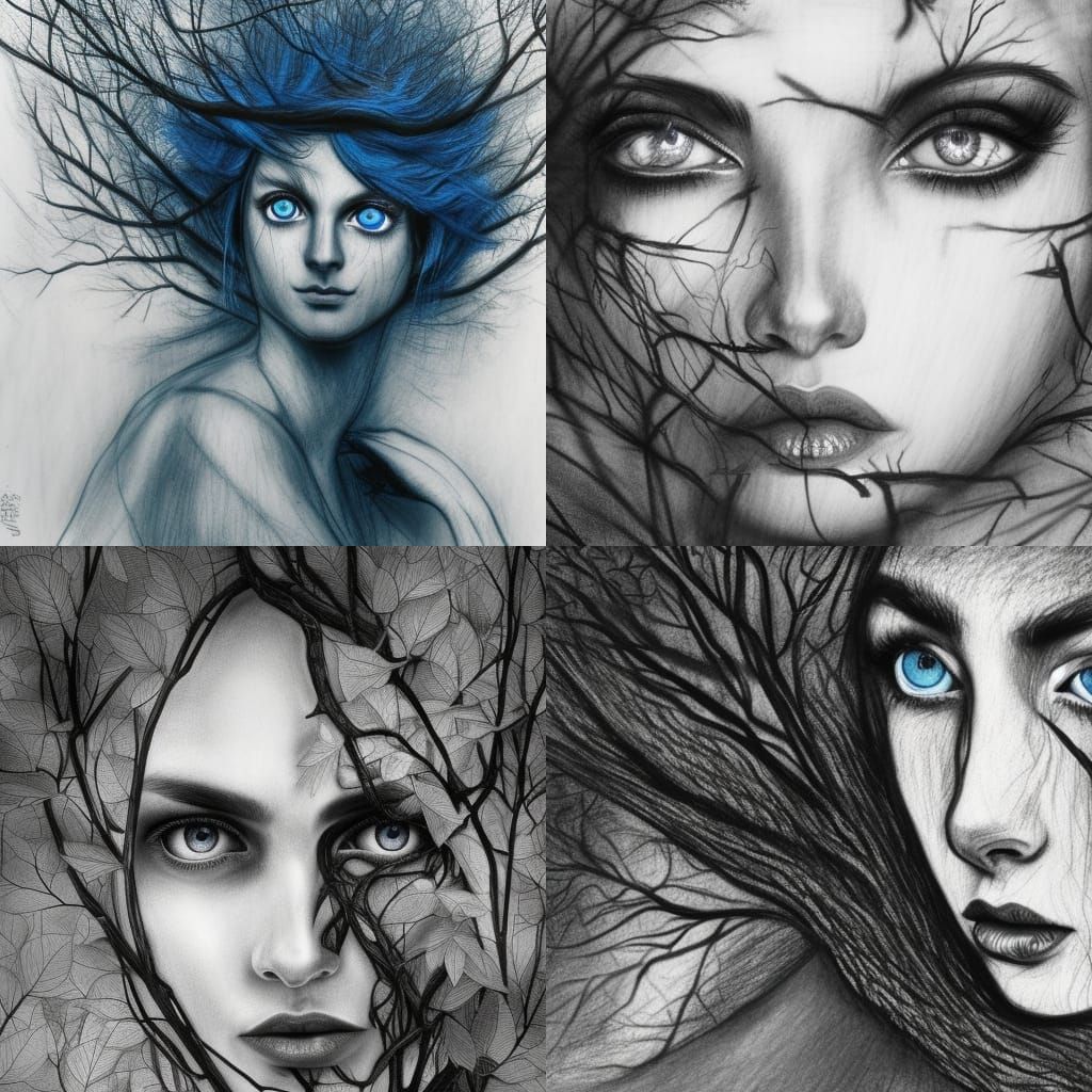 Tree Woman Portrait in Detailed Charcoal Style