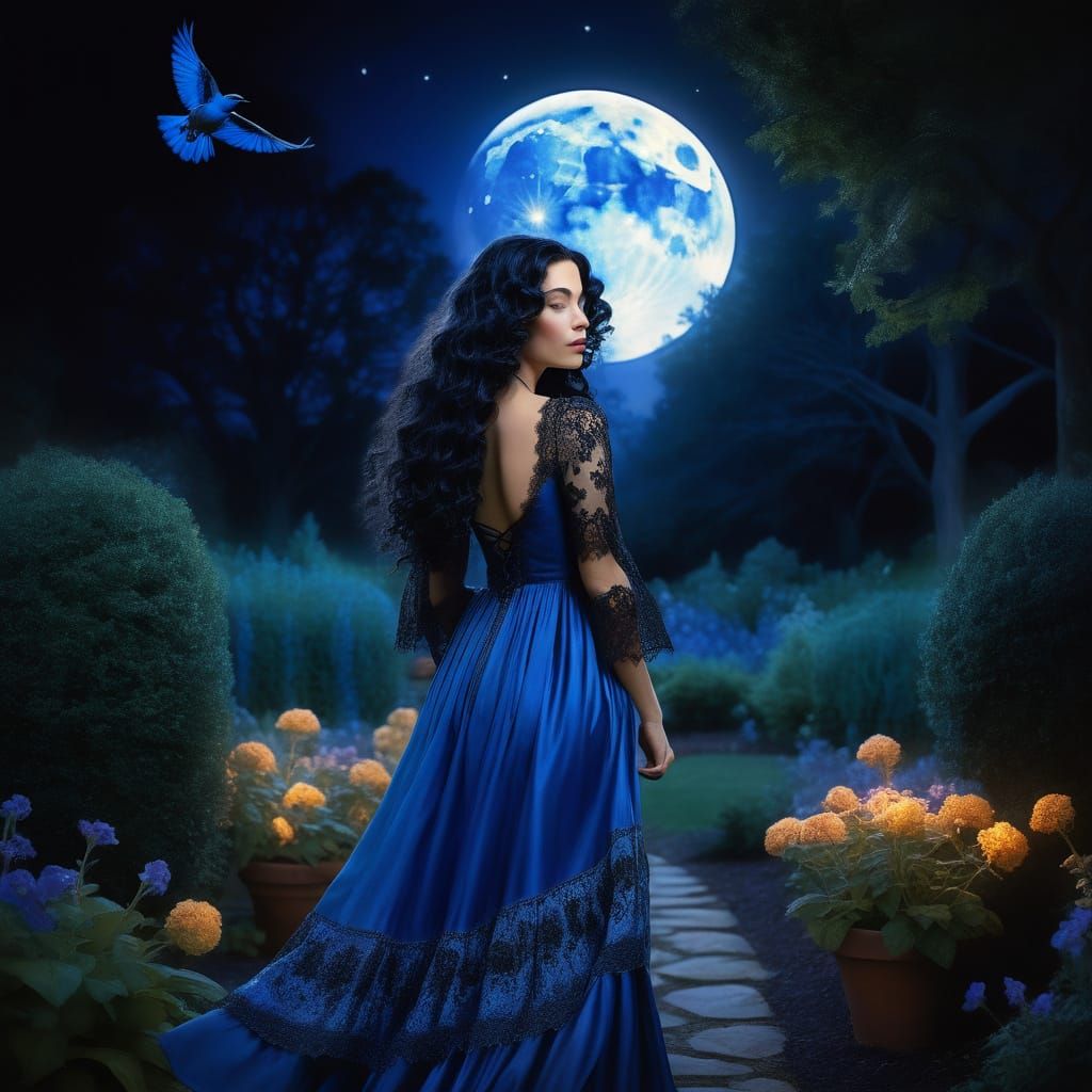 Ethereal Woman in Garden with Blue Jays