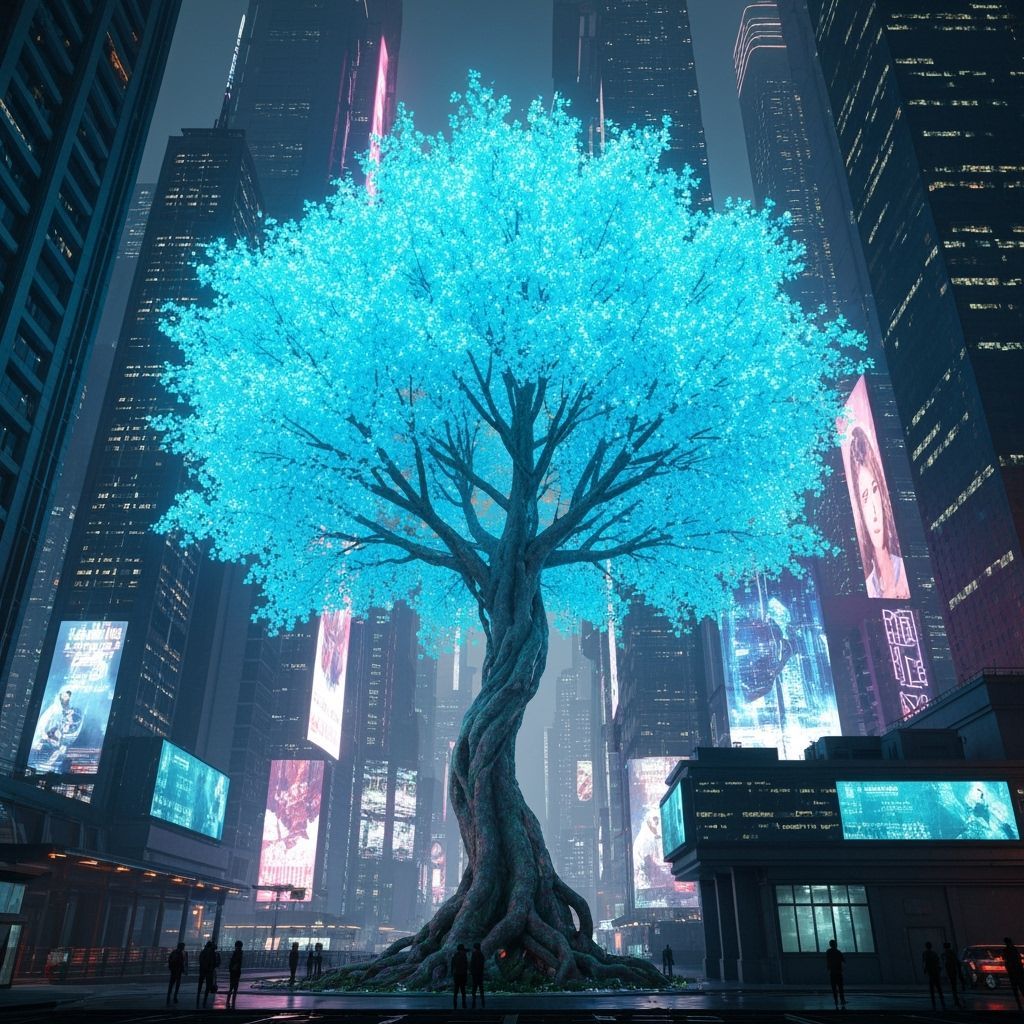 Bioluminescent Tree in Futuristic Cyberpunk Cityscape