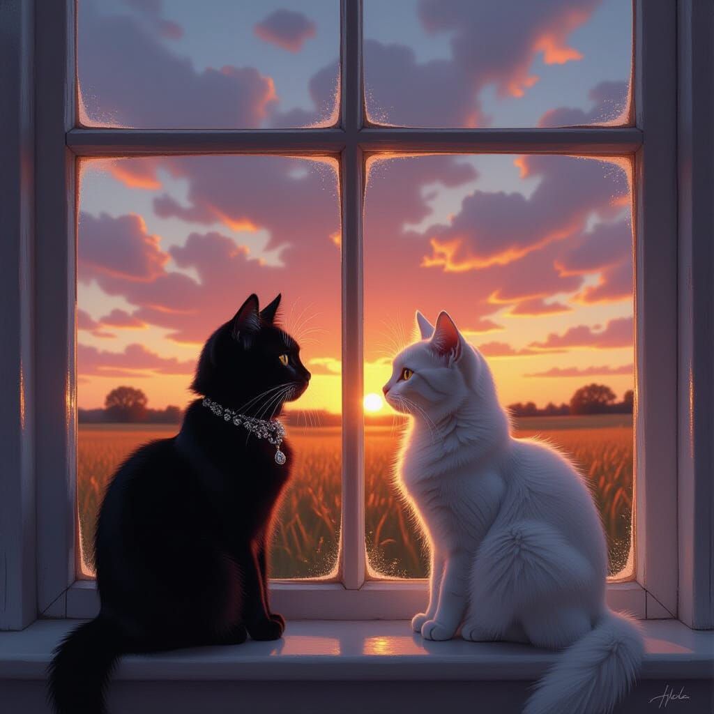 Cats in Surreal Sunset Light, Ethereal Art