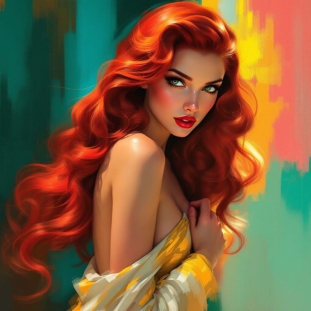 Redhead Pin-Up Art: Sci-Fi Elegance Meets Impressionist Vibr...