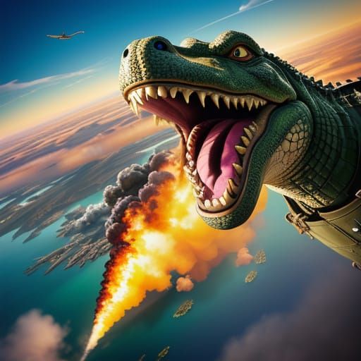 Surreal Crocodile Bomber in WWII Aerial Attack