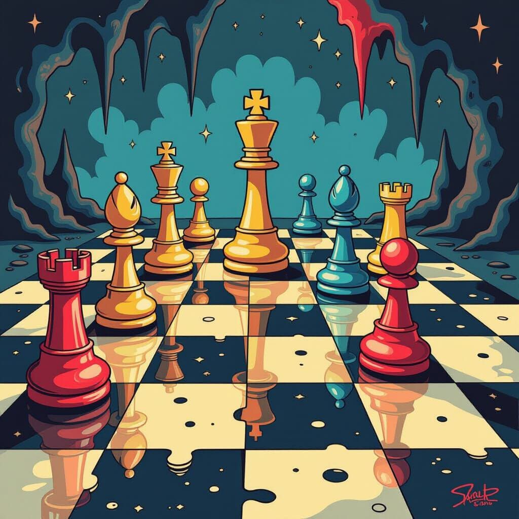 Surreal Cartoon Chess Game on Melting Board