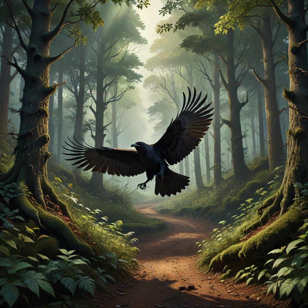 Raven's View: Winding Road Through Mystical Forest