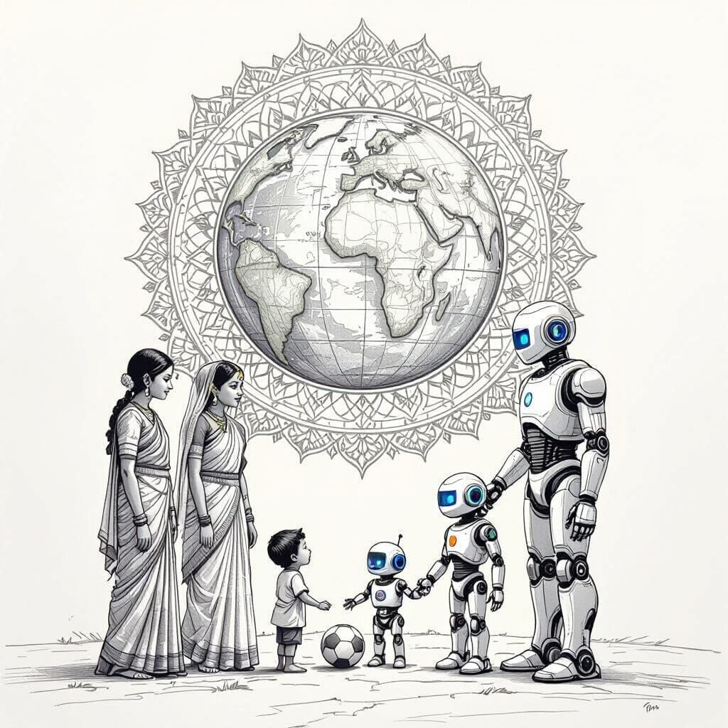 Humans and Robots United in Peaceful Coexistence Sketch