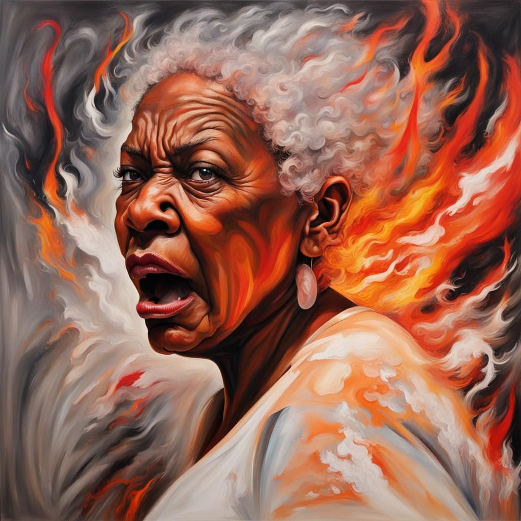 Furious Woman Paints Fiery Abstract Portrait