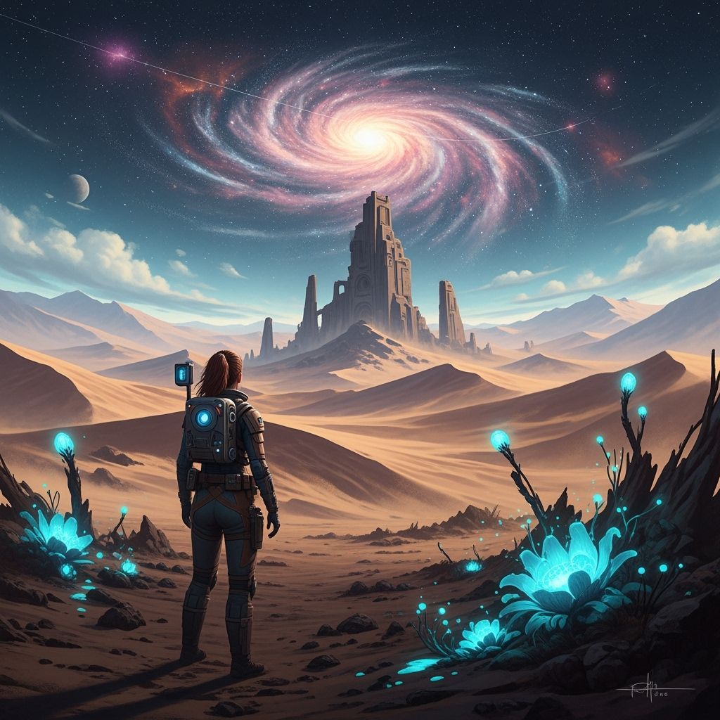 Explorer on Alien Planet Gazing at Ancient Ruin