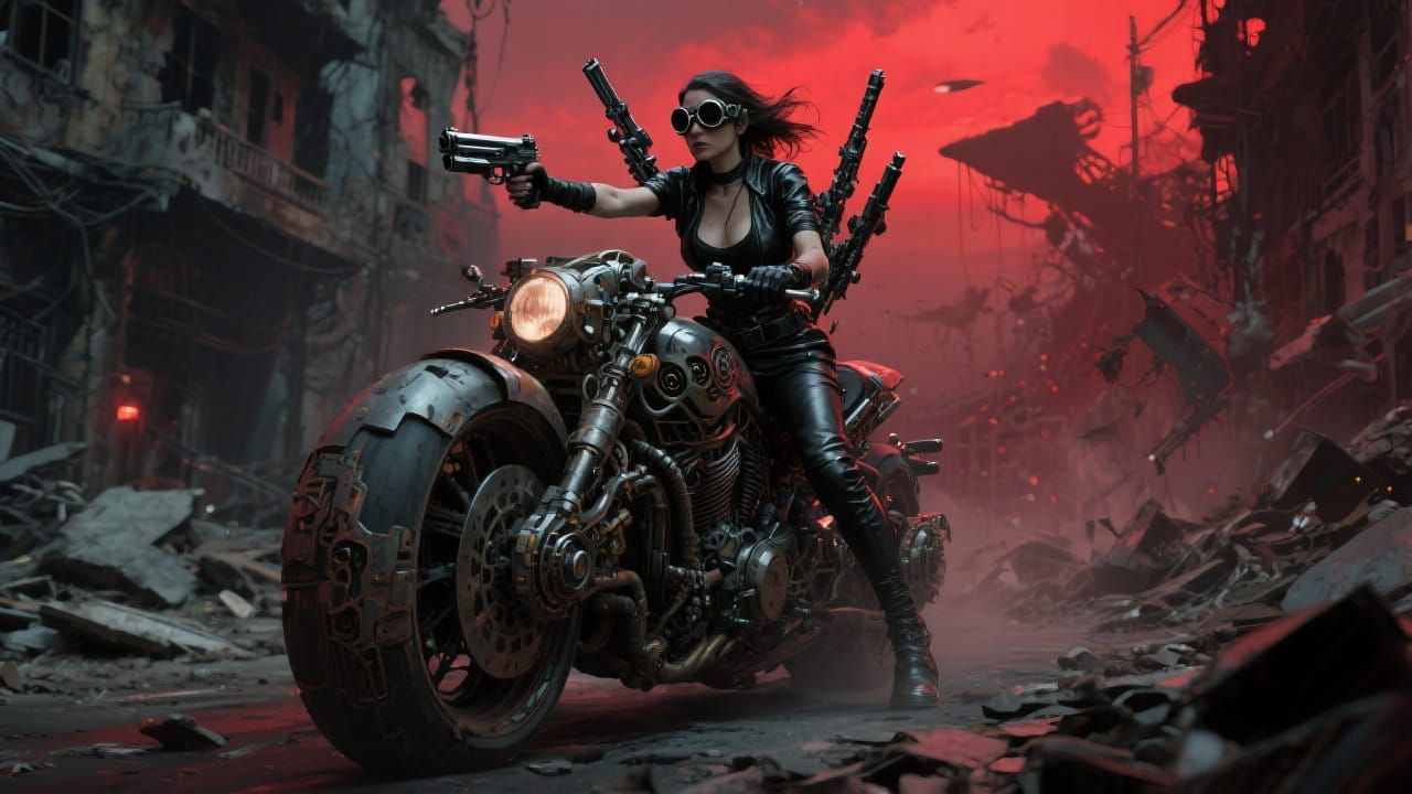 Apocalyptic Rider on Ruined Streets in Biomechanical Style