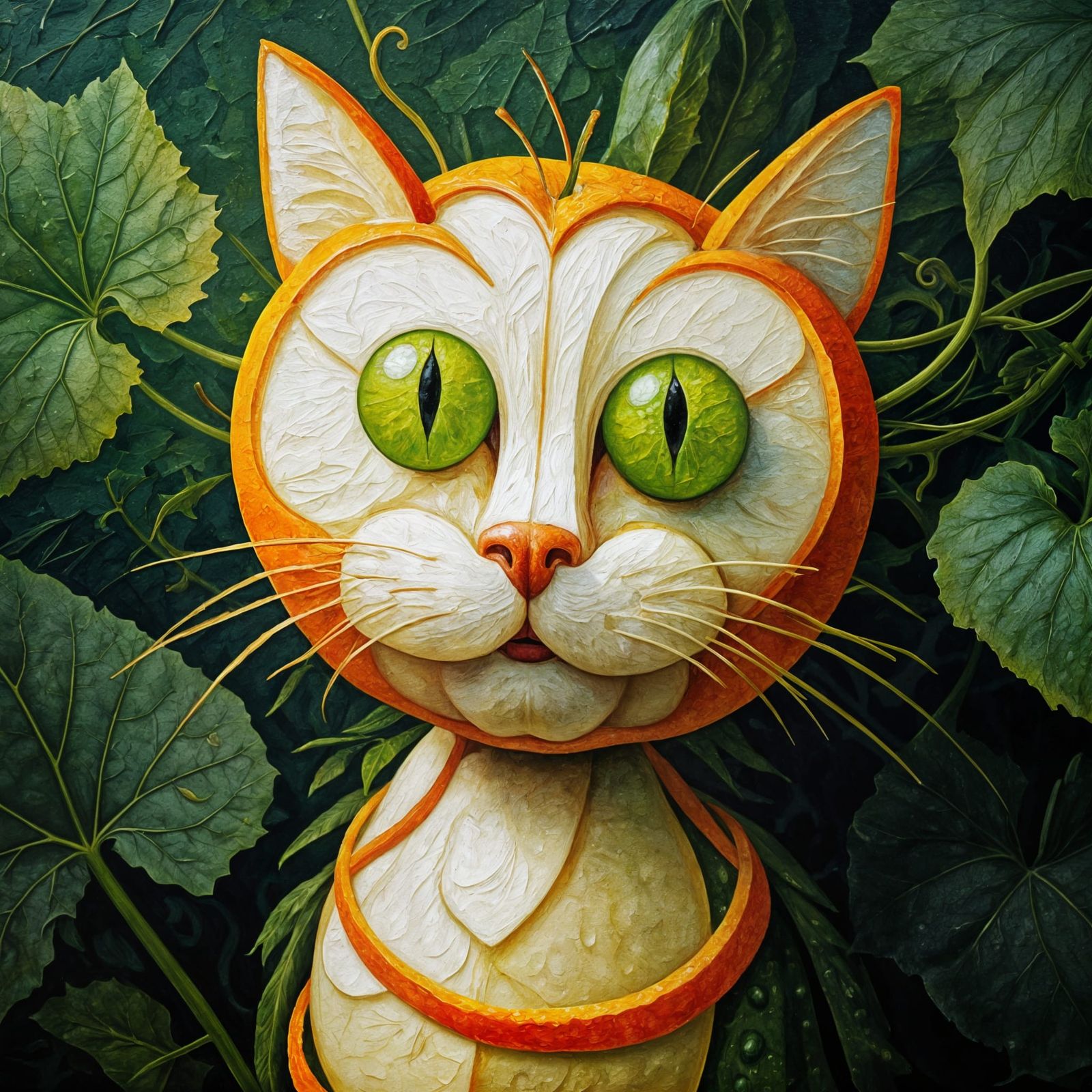 Whimsical Feline Formed from Fruit and Vegetables in Neo-Imp...