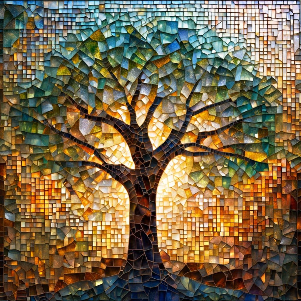Abstract Mosaic Tree in Vibrant Airbrush Style