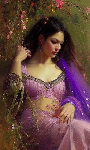 Mystical Woman in Violet: A Pino Daeni-inspired Painting