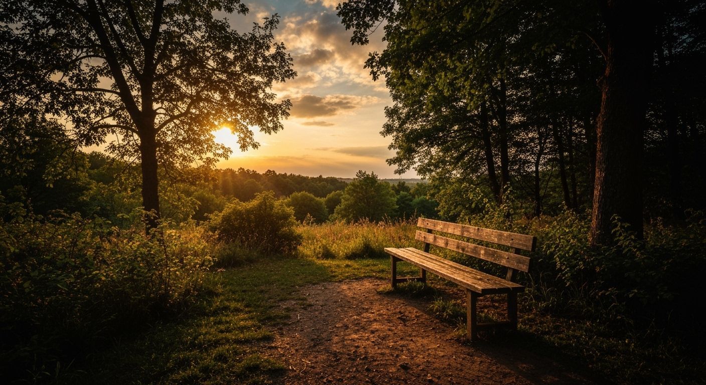 Serene Sunset Landscape with Weathered Bench