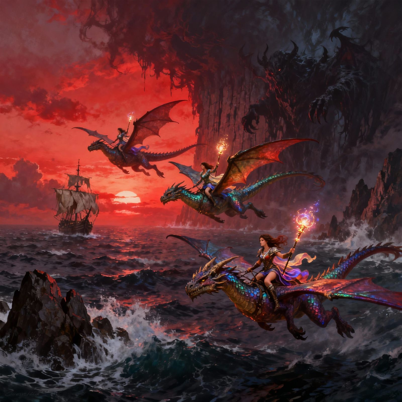 Fantasy Sorceresses on Dragons Under Blood Moon