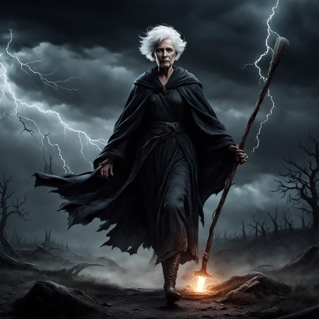 Ethereal Witch Rides a Twisted Broom Through a Dark Stormy S...