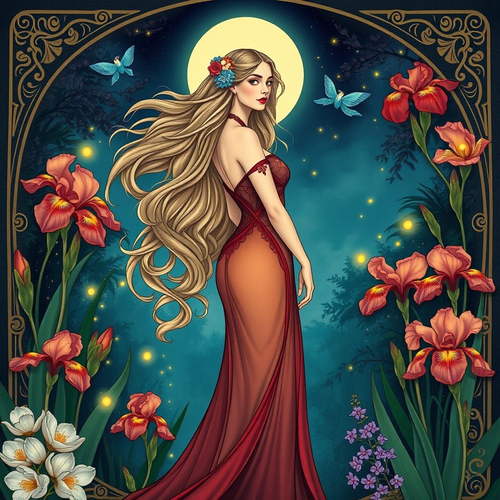 Elegant Woman in Art Nouveau Gown in Moonlit Garden