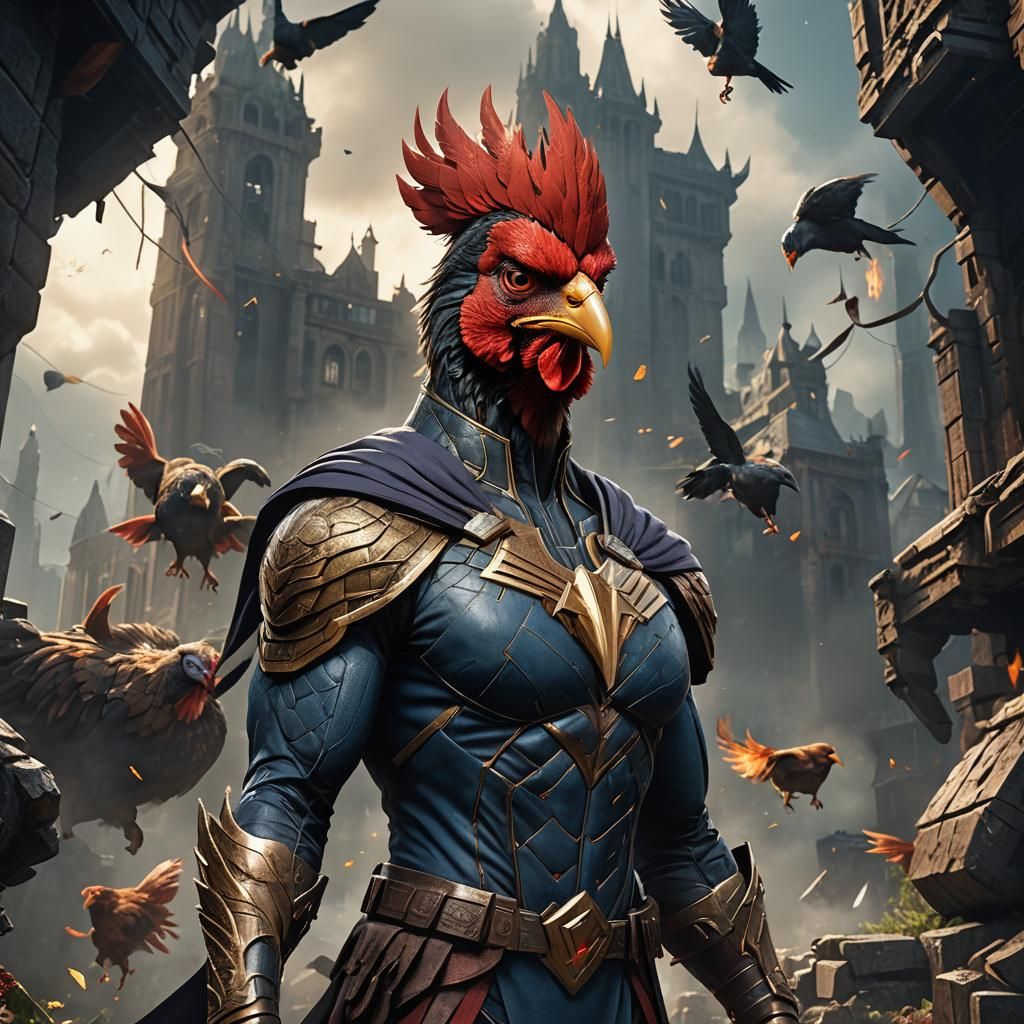 Superhero Hen Portrait in Detailed Matte Painting Style