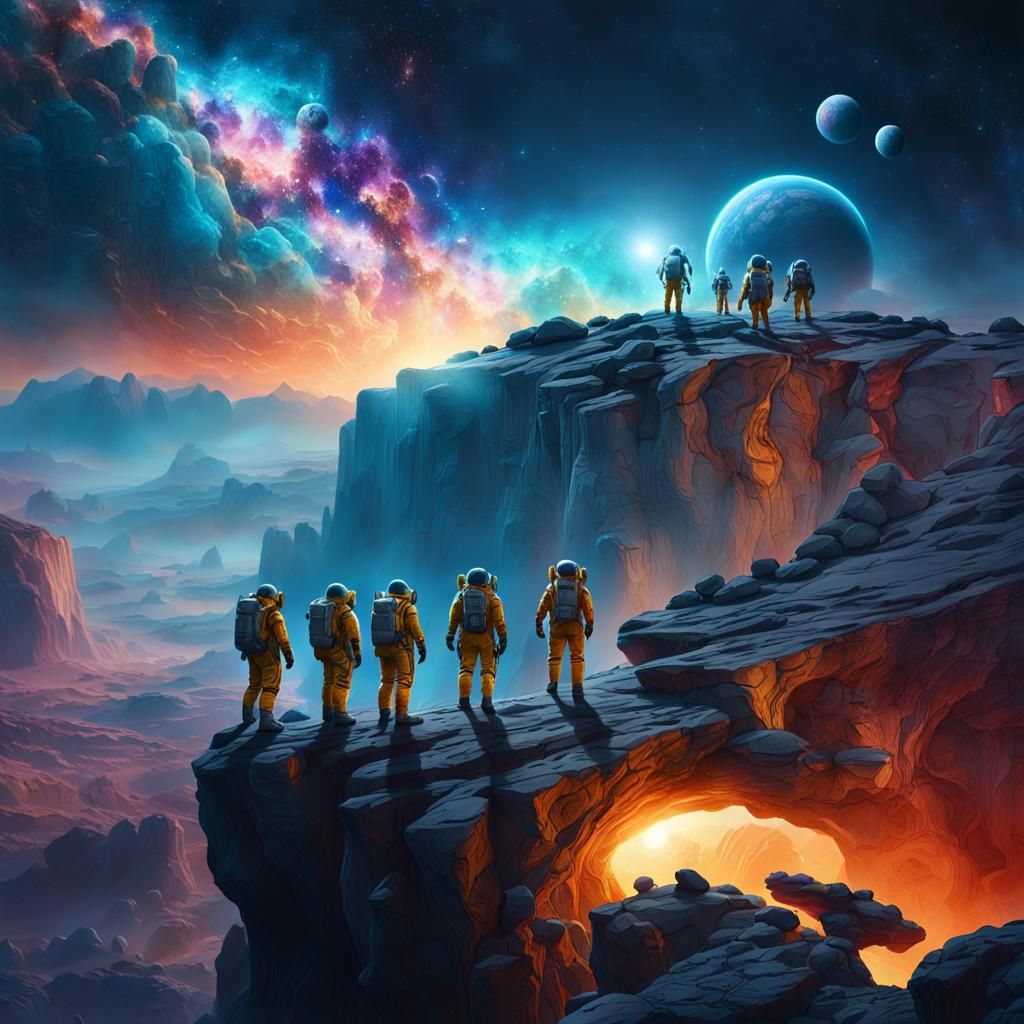 Astronauts Gaze at Nebula in Sci-Fi Landscape