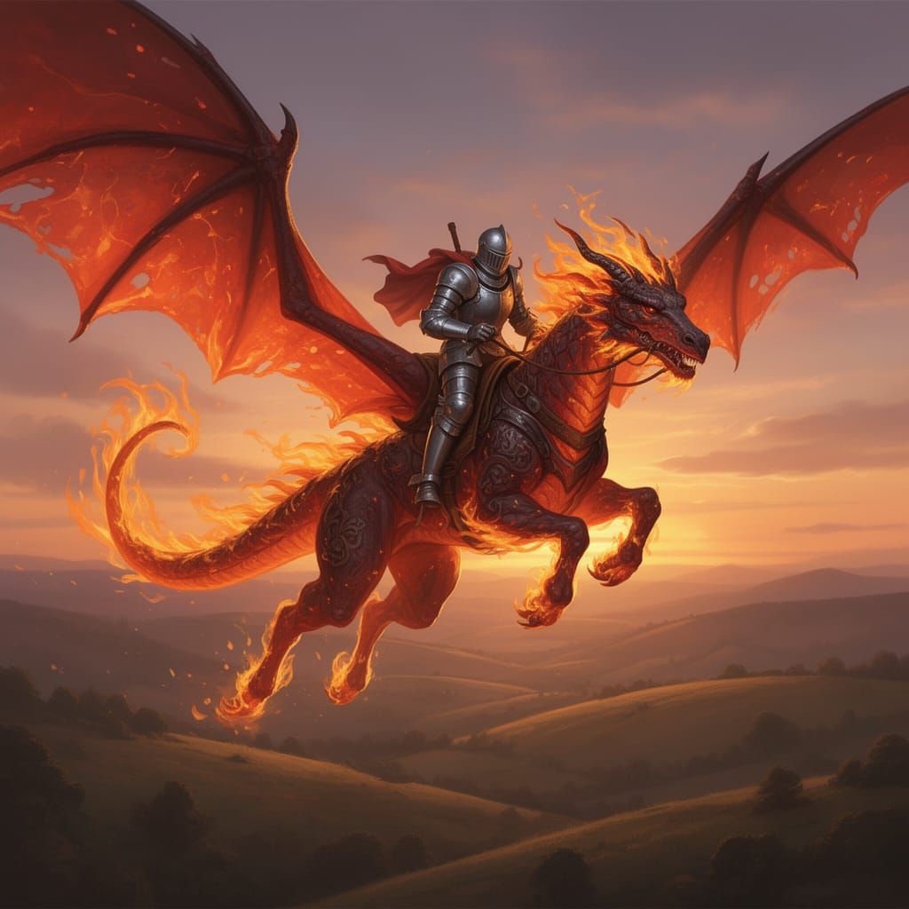 Knight Rides Fire Dragon Over Sunset Hills