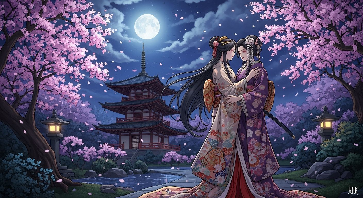 Samurai and Geisha Kiss Under Cherry Blossom Moonlight