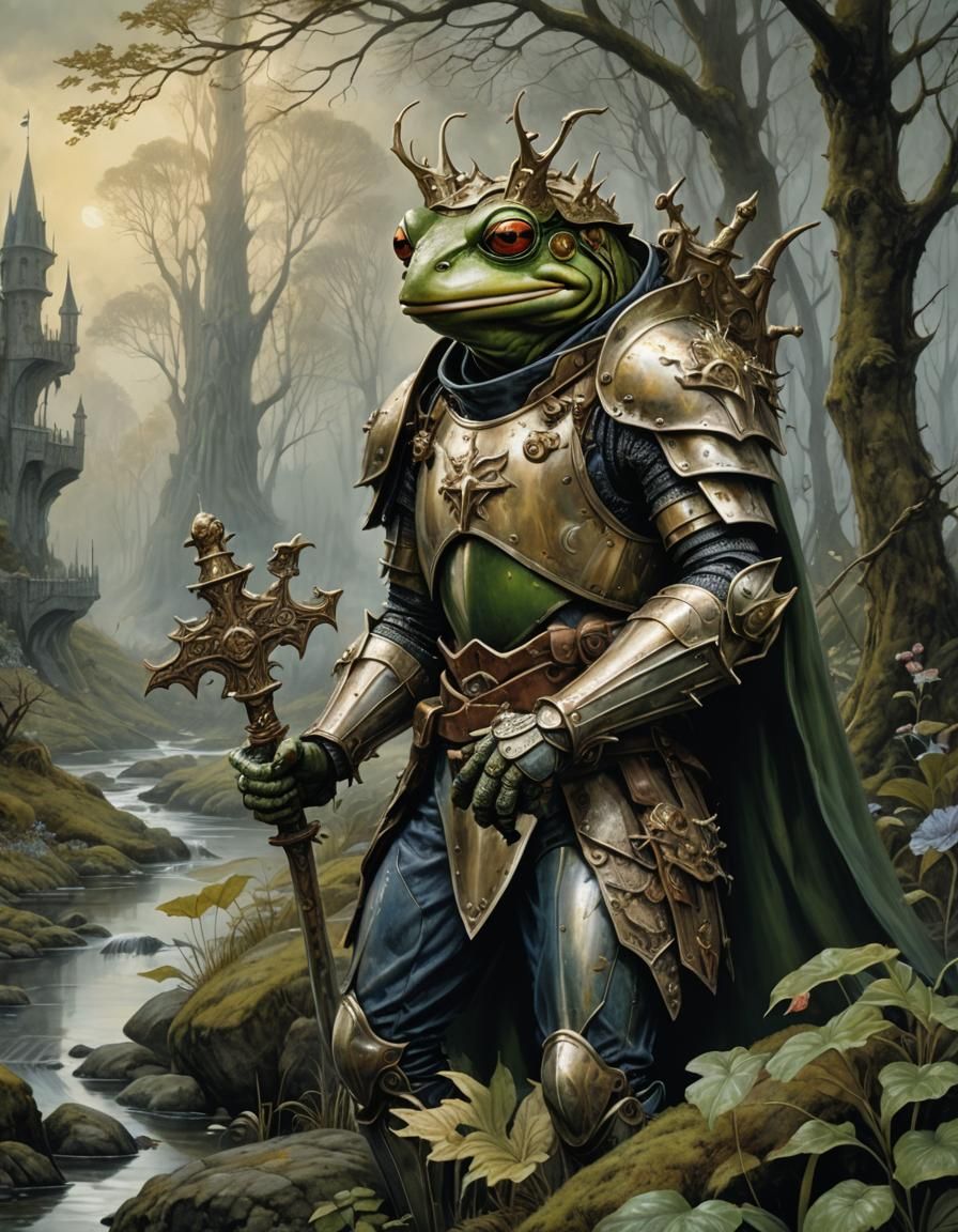 Frog Knight in Armor, Surreal Detailed Scene