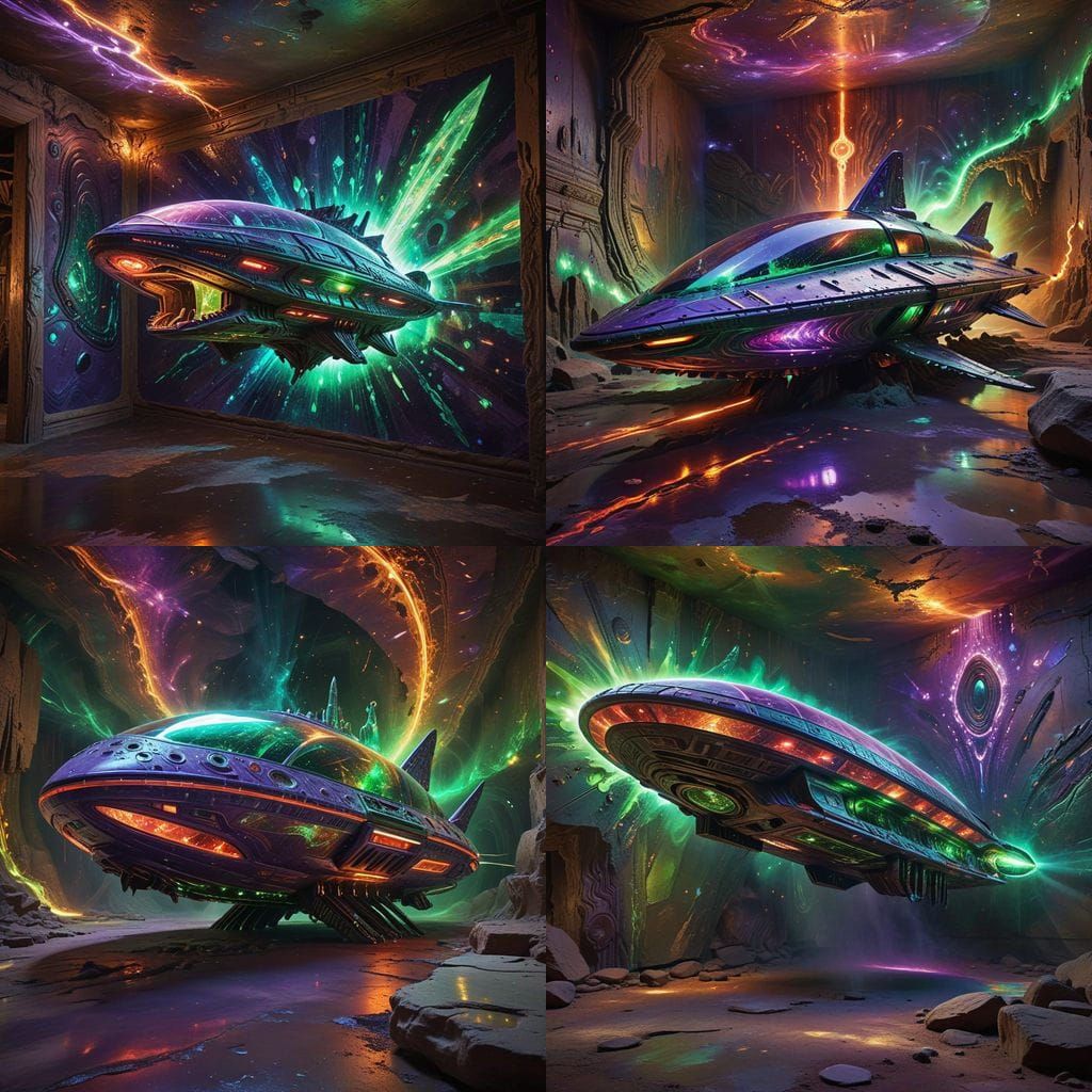 Crystal Alien Spaceship Speeding Through Light Vortexes