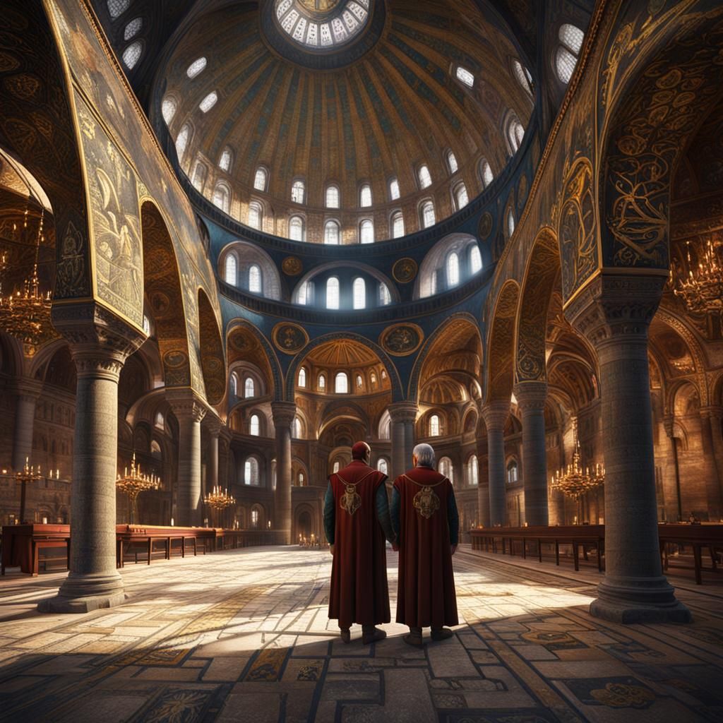 Carolingian Men Visit Hagia Sophia: Detailed Matte Painting