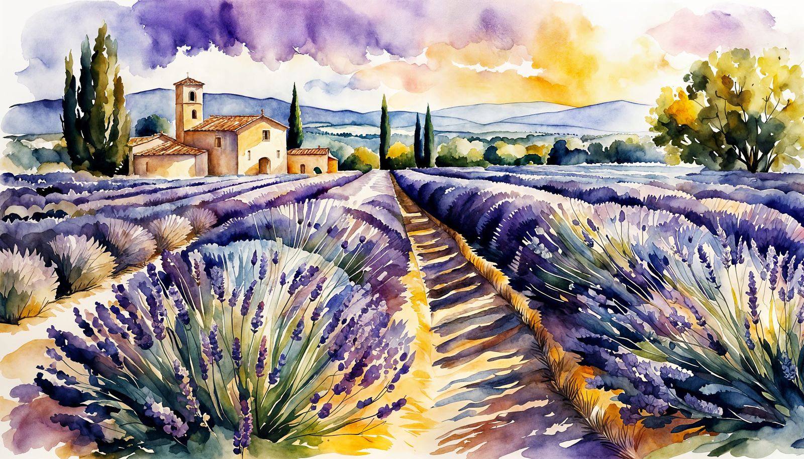 Lavender in Provence: Detailed Ink and Watercolor Drawing
