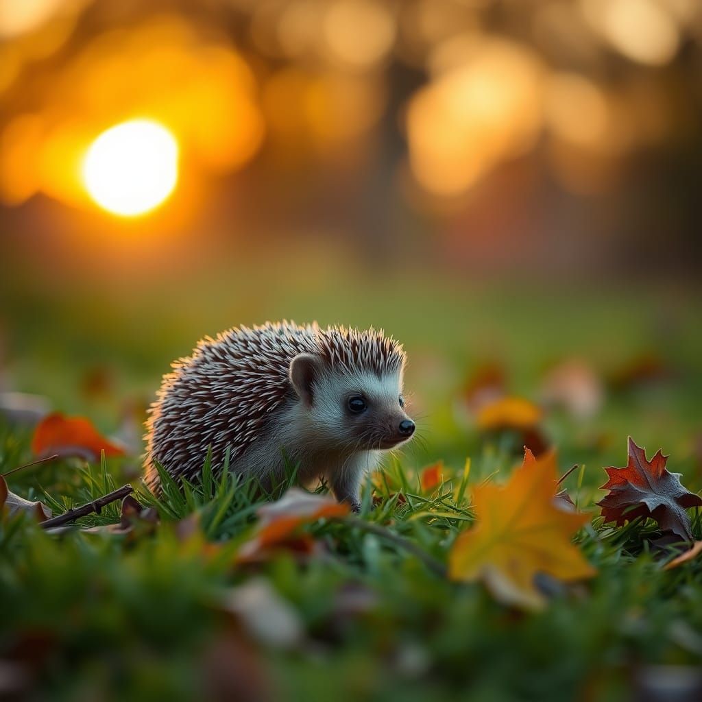 Hedgehog Foraging in Autumn Sunrise