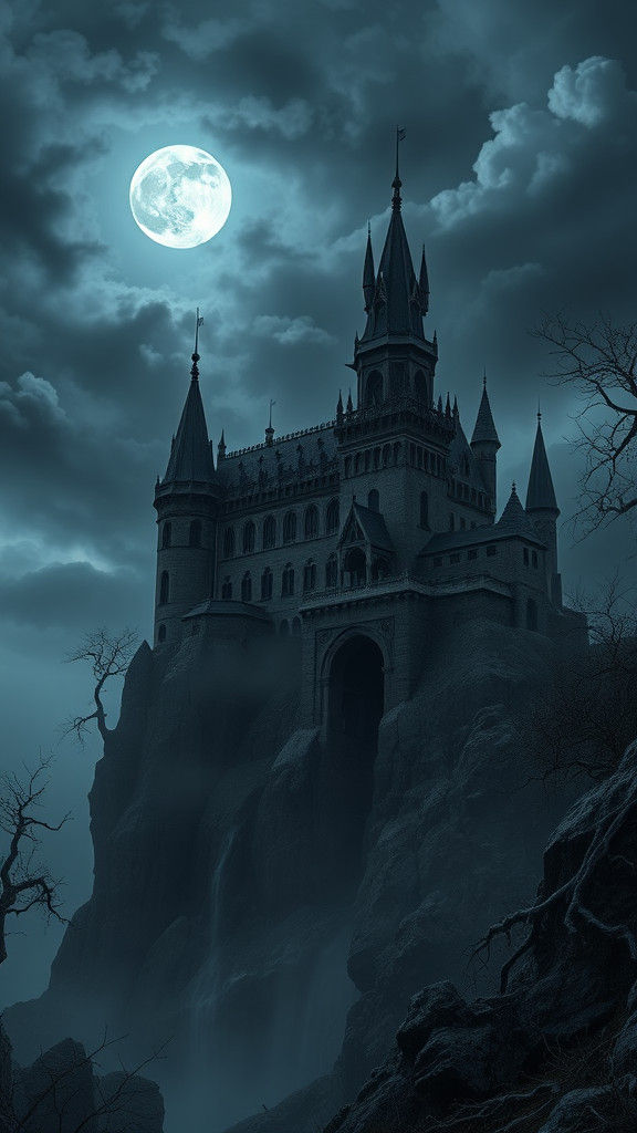 Foreboding Gothic Castle in Misty Eastern European Landscape
