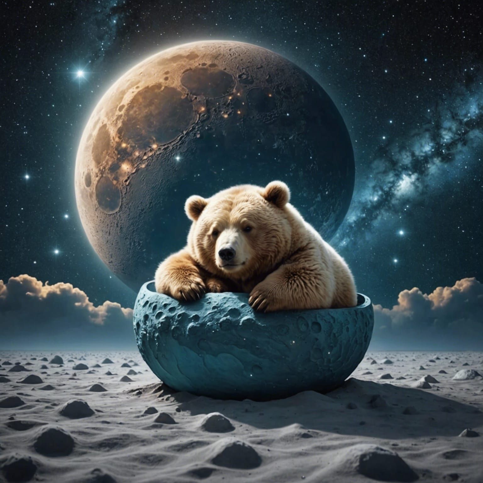 Cute Baby Bear Sleeping on Bioluminescent Moon