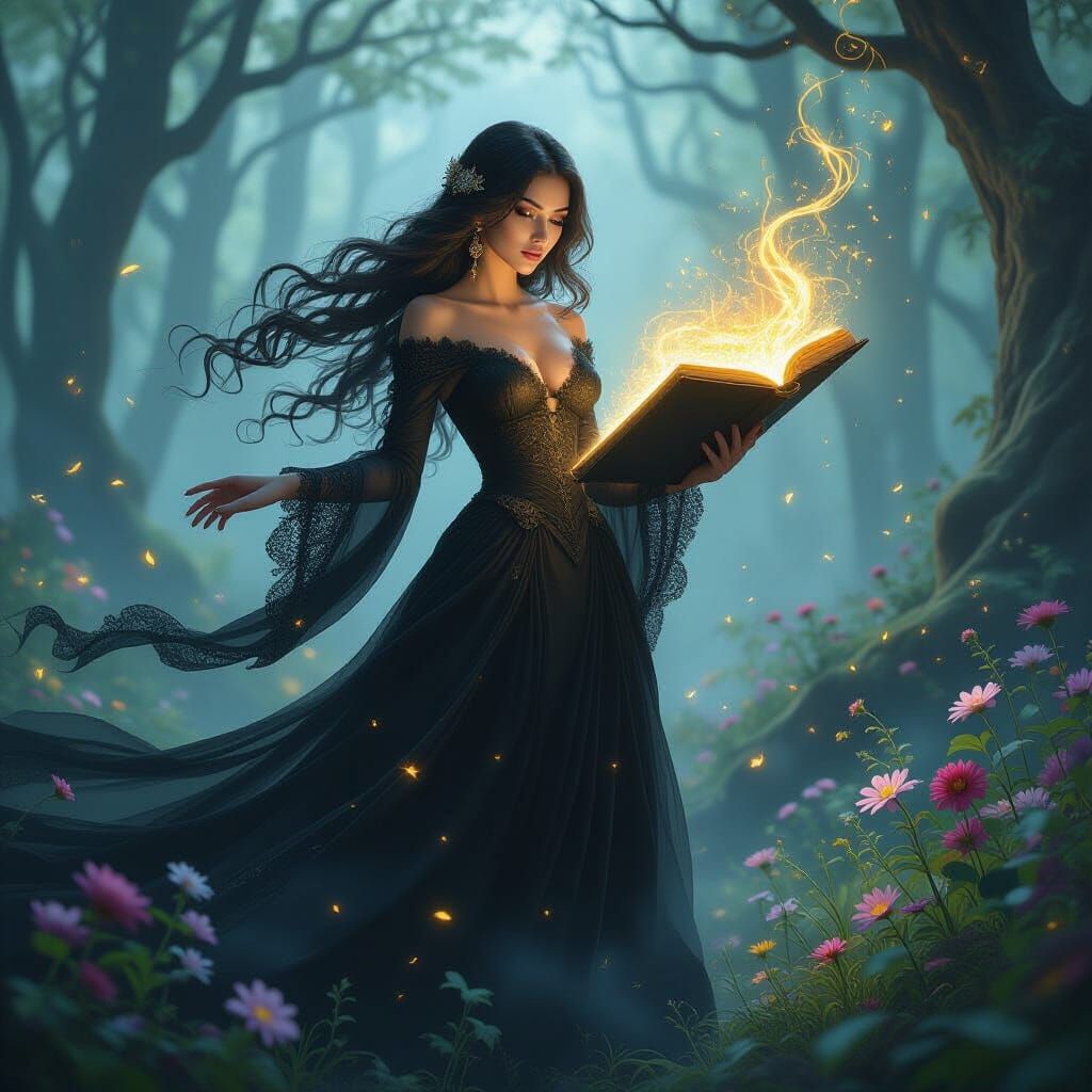 Mysterious Woman with Grimoire in Mystical Forest