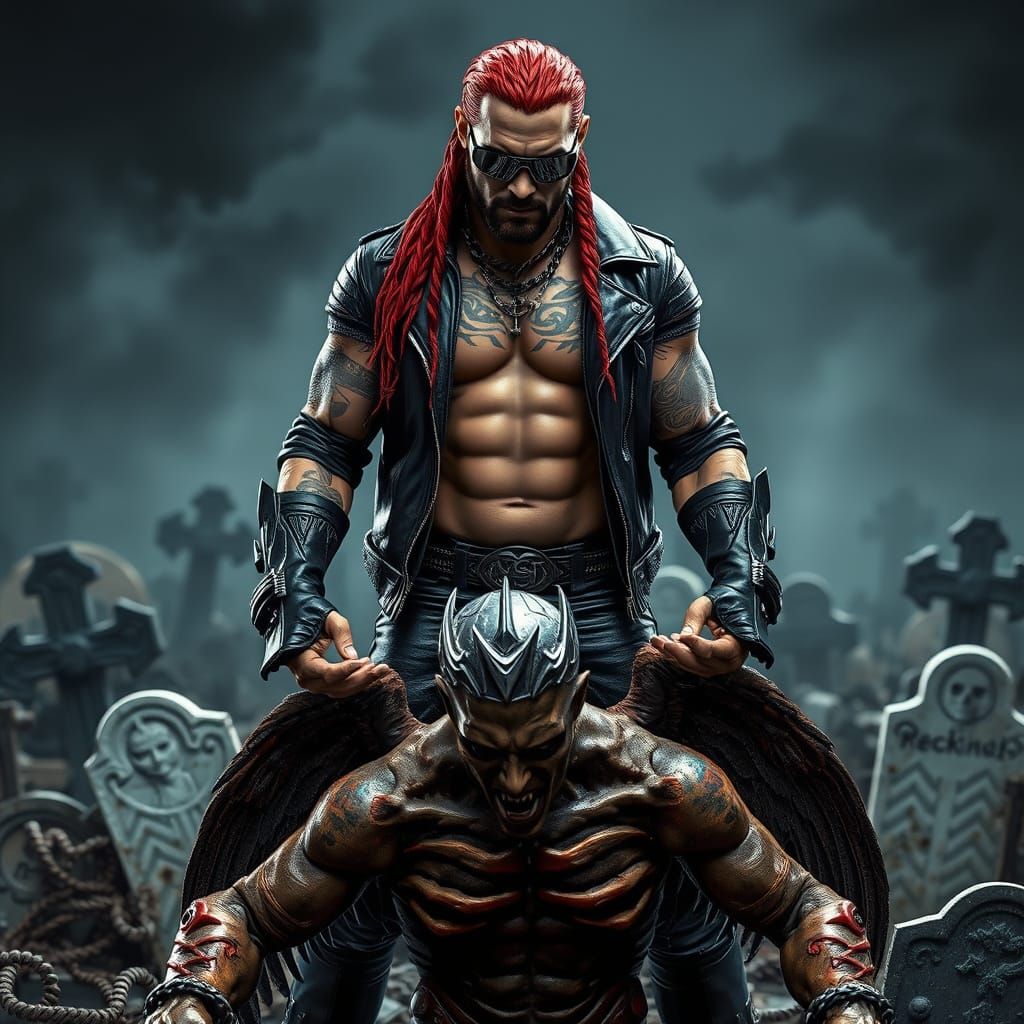 Cyberpunk Wrestler Triumphs in Dark Fantasy Graveyard