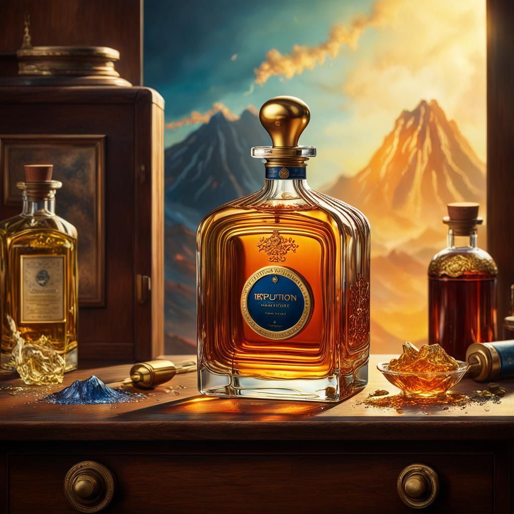 Volcano Cologne Bottle on Edwardian Desk in Splash Art