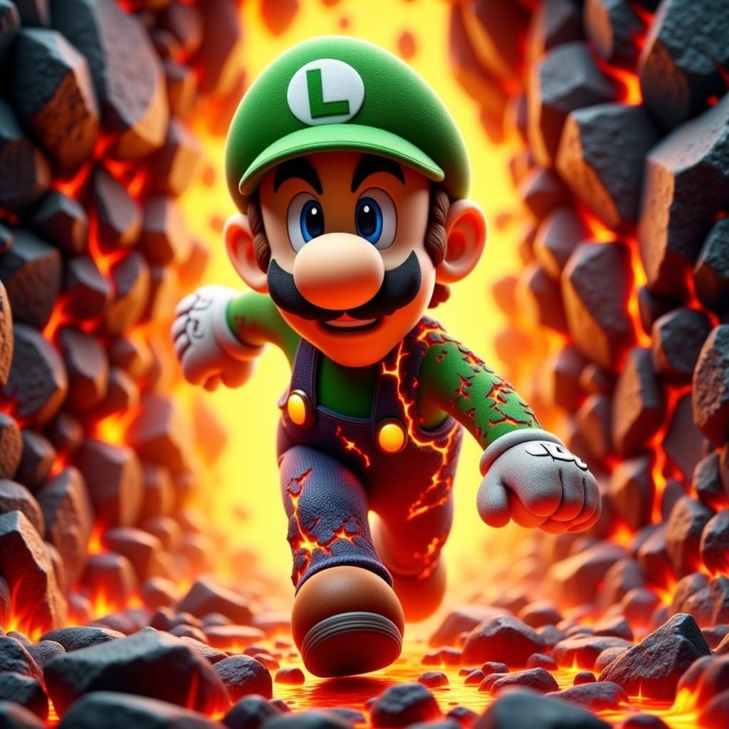 Magmatic Luigi Runs Toward Camera