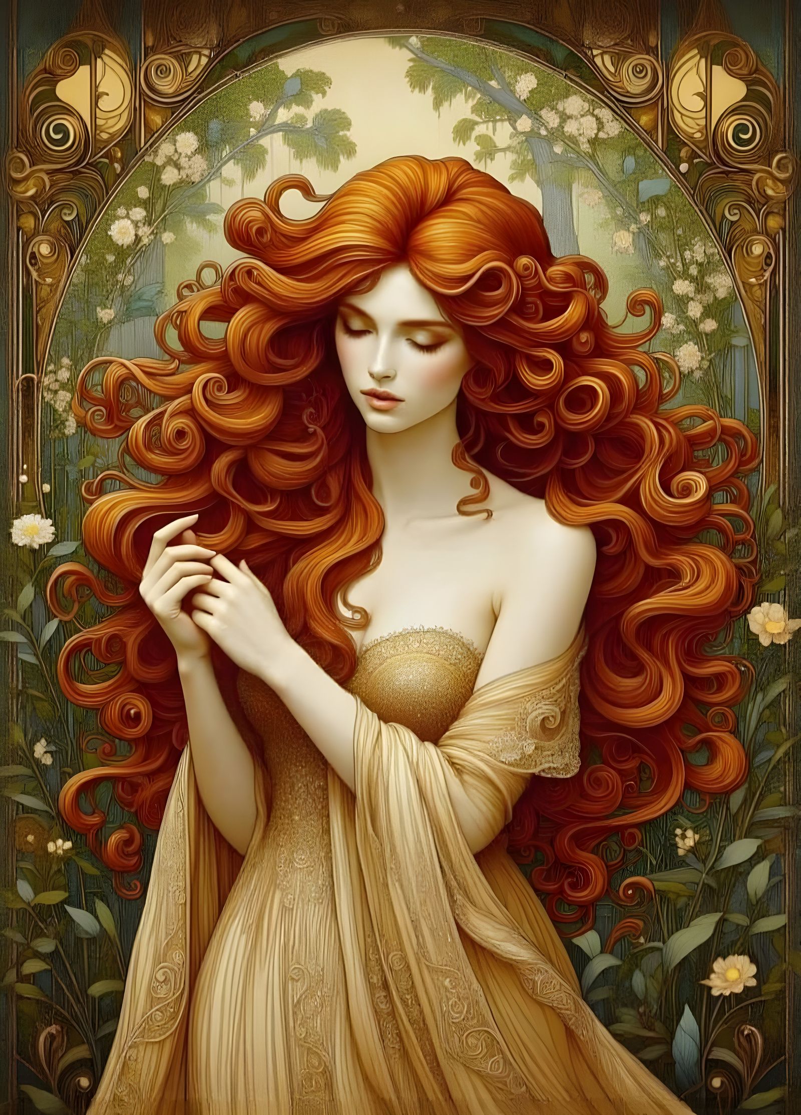 Art Nouveau Portrait of a Woman in Gold Leaf Forest