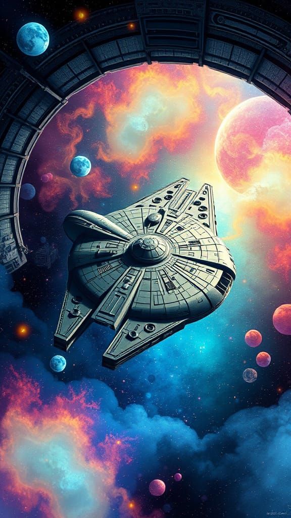 Galactic Spacecraft Amidst Cosmic Vortex in Vibrant Abstract...