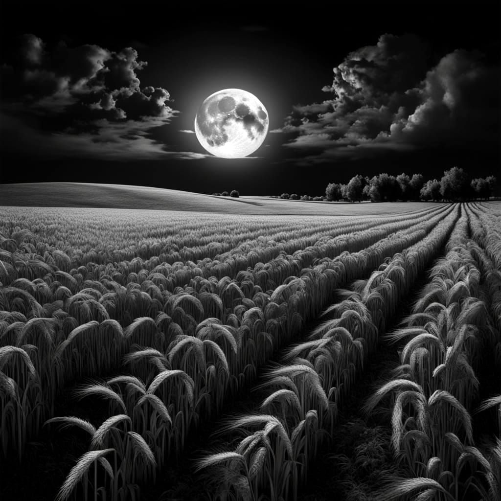 Autumn Wheat Field Under Harvest Moon Black and White Photog...