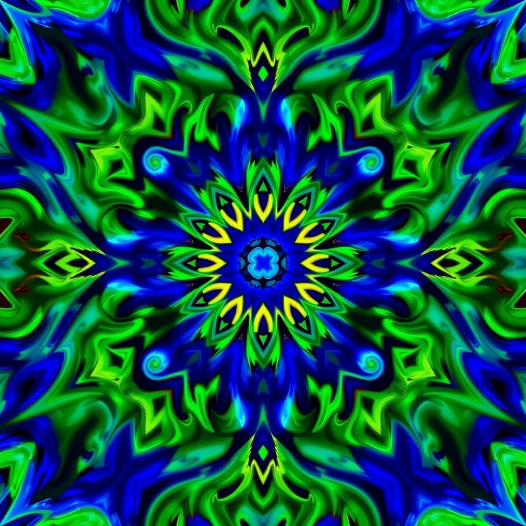 Psychedelic Kaleidoscope of Swirling Blues and Greens