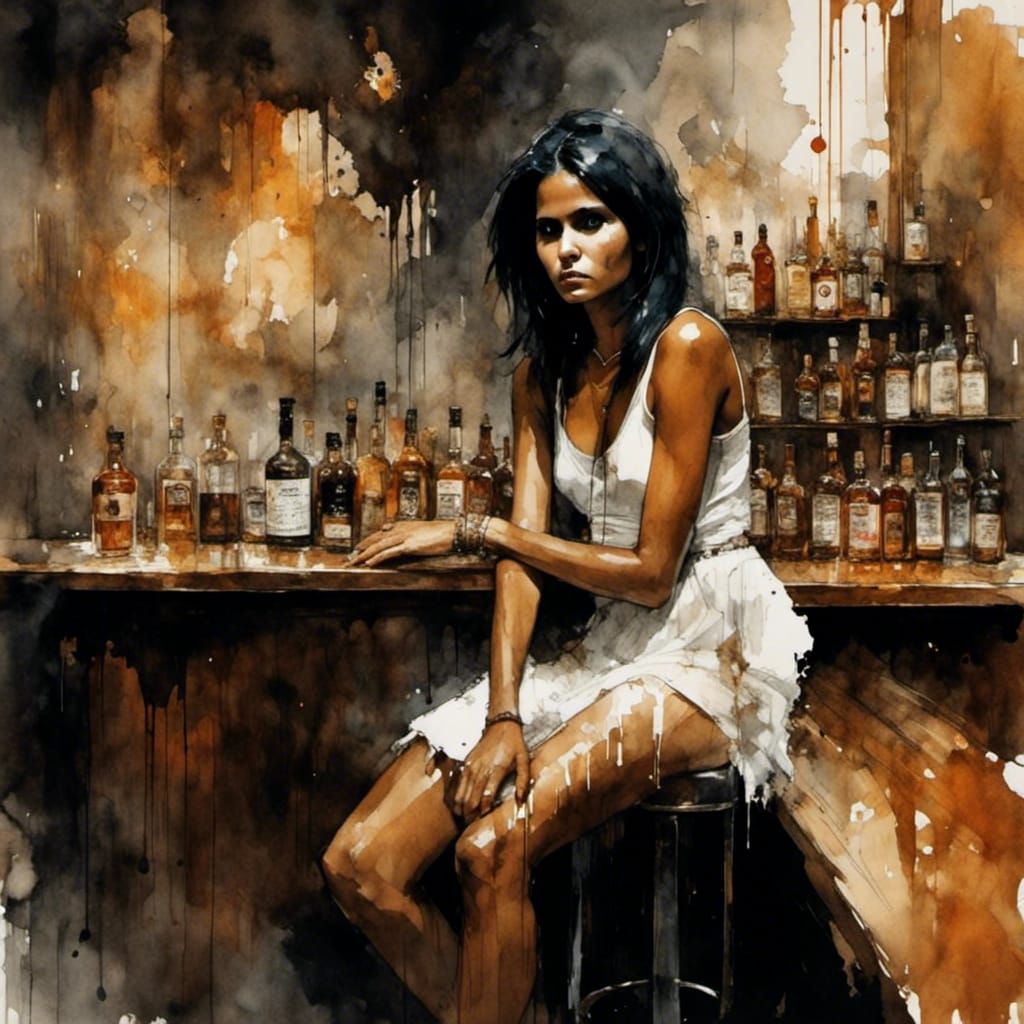 Grunge Bar Scene with Woman in White Dress