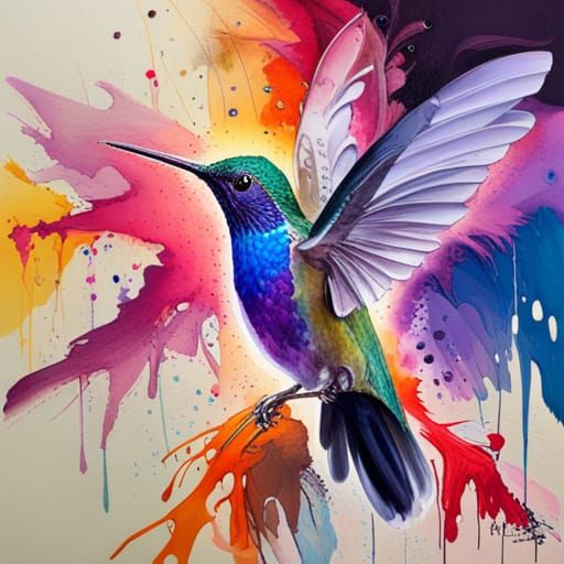 Purple Hummingbird Oil Painting with Marbling Effect