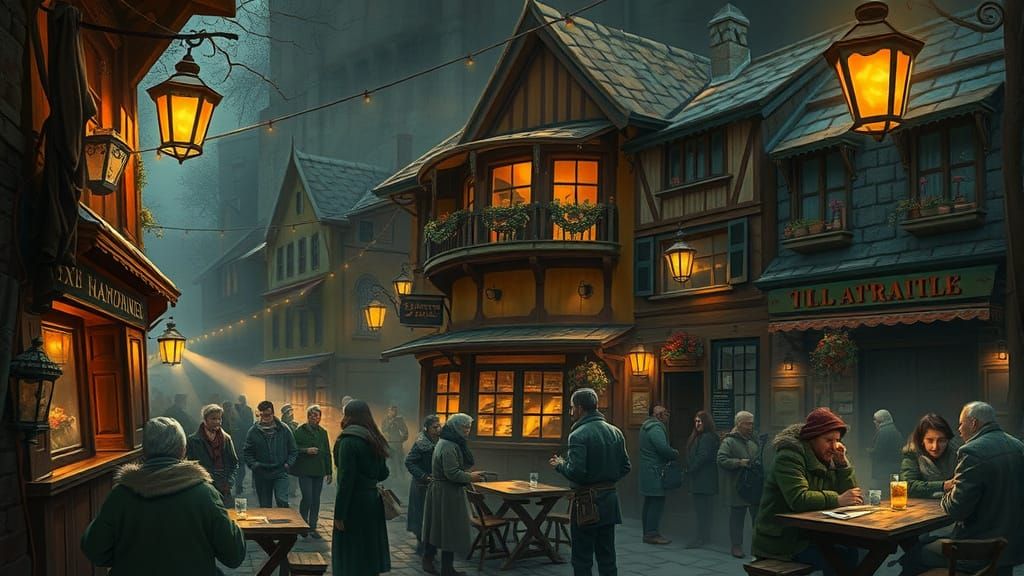 Bustling Tavern Scene with Golden Light