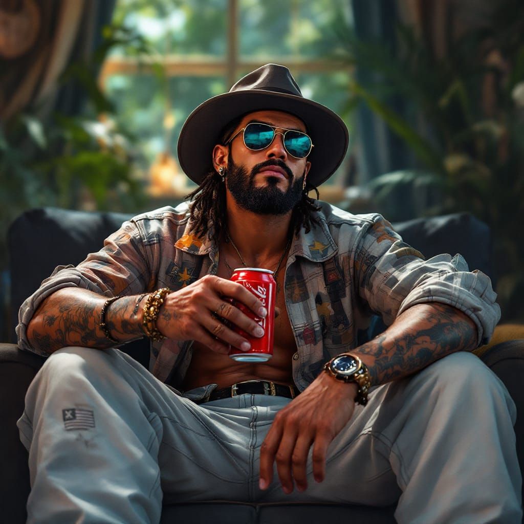 Latino Man with Soda: Detailed Fantasy Concept Art