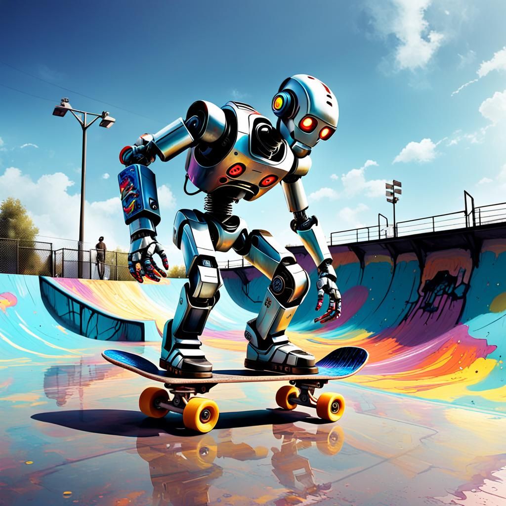 Robot on Skateboard in Graffiti Splash Art Style