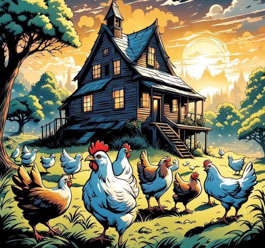 Hen and Chicks in Village, Comic Book Art