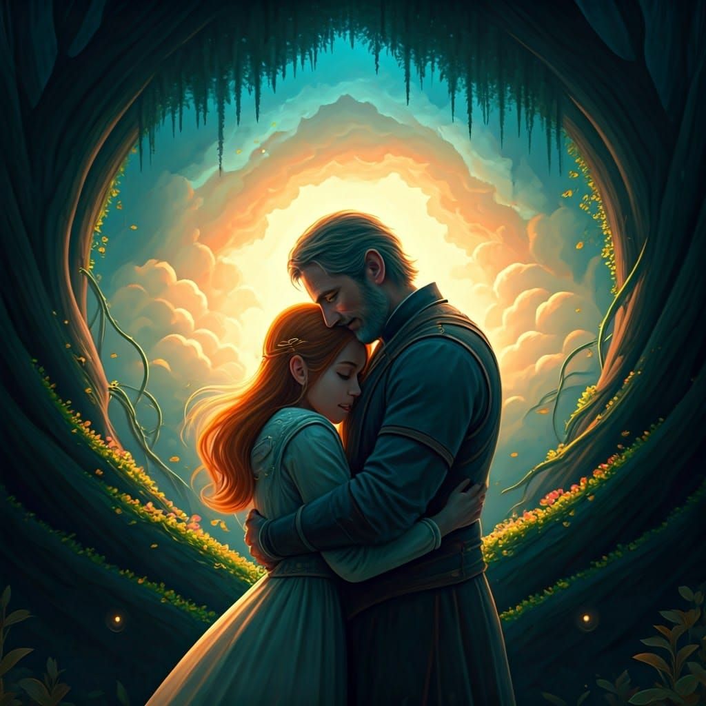 Couple Embracing in a Dreamlike Landscape