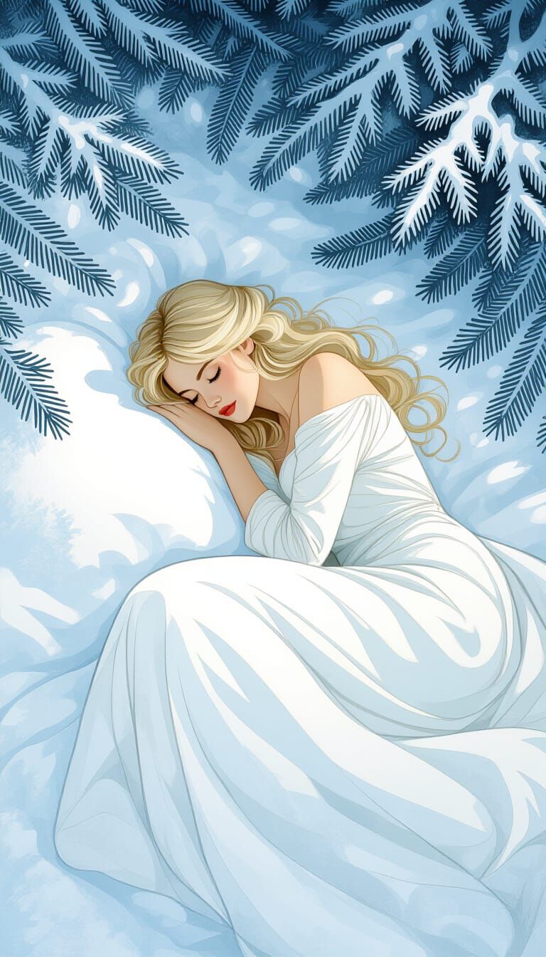 Woman Sleeping in Snowy Forest as Watercolor Painting