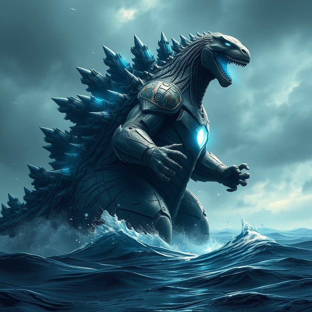 Godzilla Wears Cyberpunk Iron Man Suit Underwater