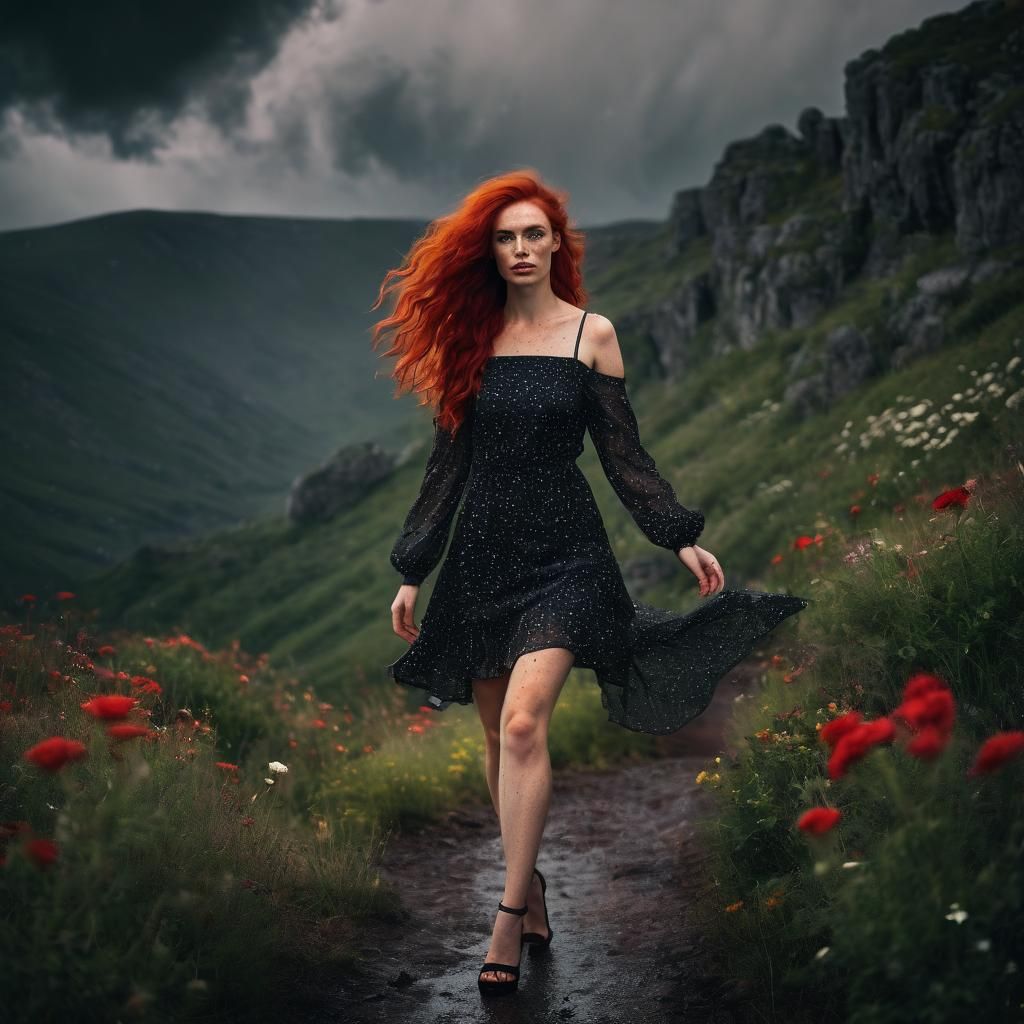 Redhead in Gala Dress During Thunderstorm