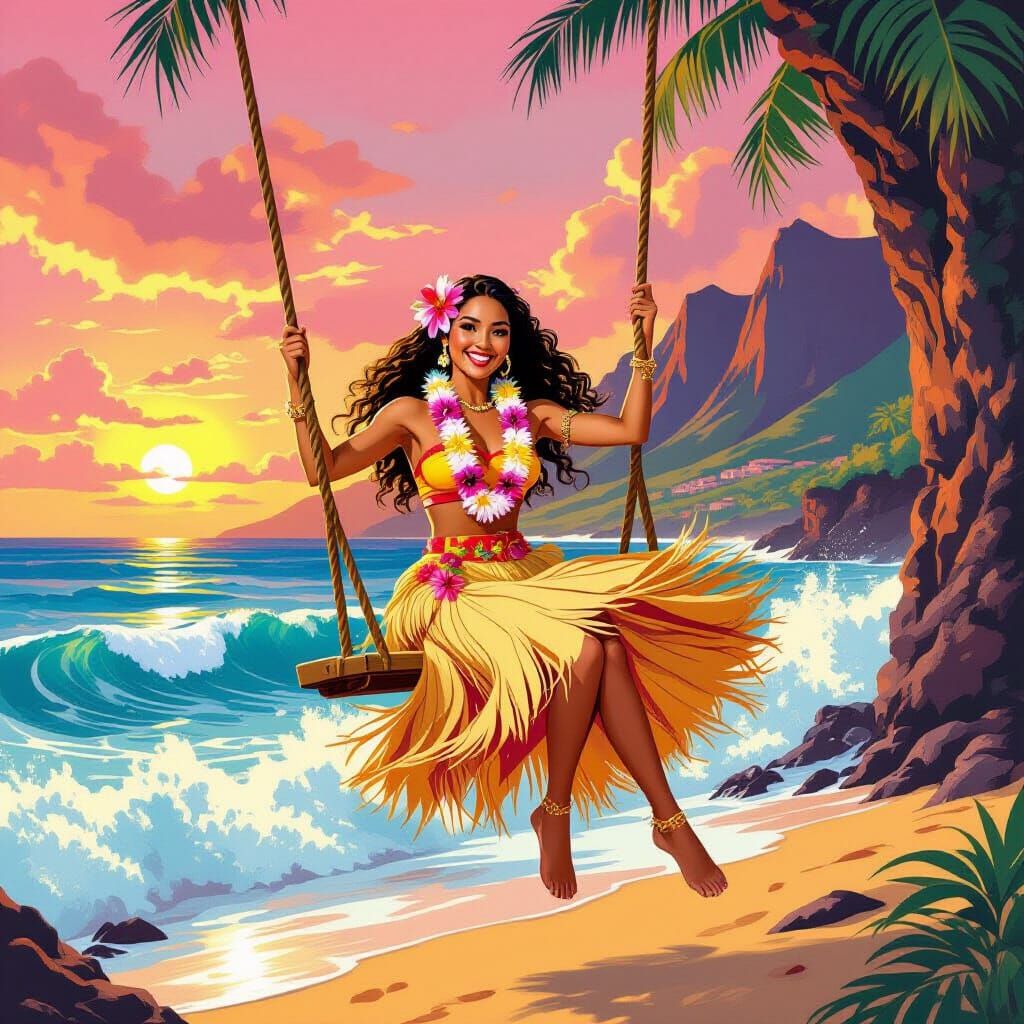 Hawaiian Hula Dancer on Cliffside Swing at Sunset