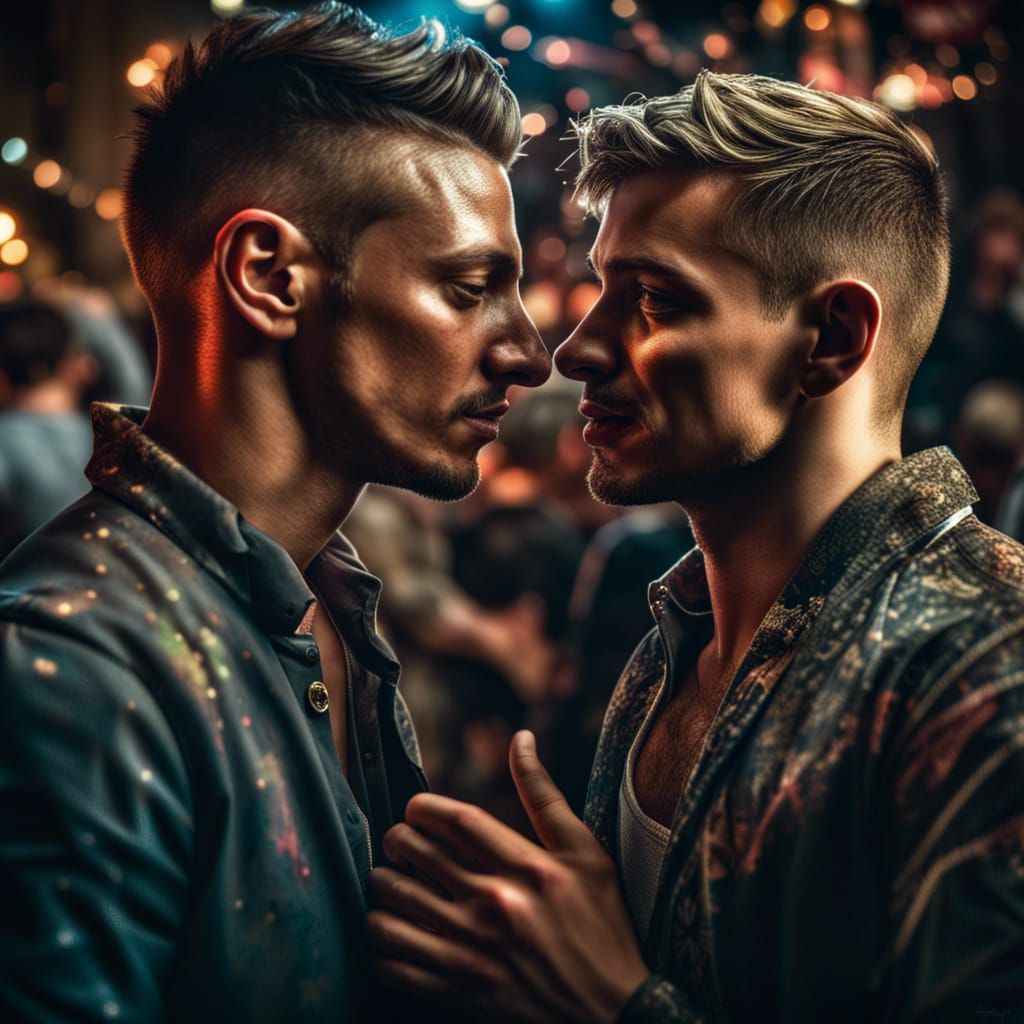 Intimate Moment: Gay Couple at Chaotic Party